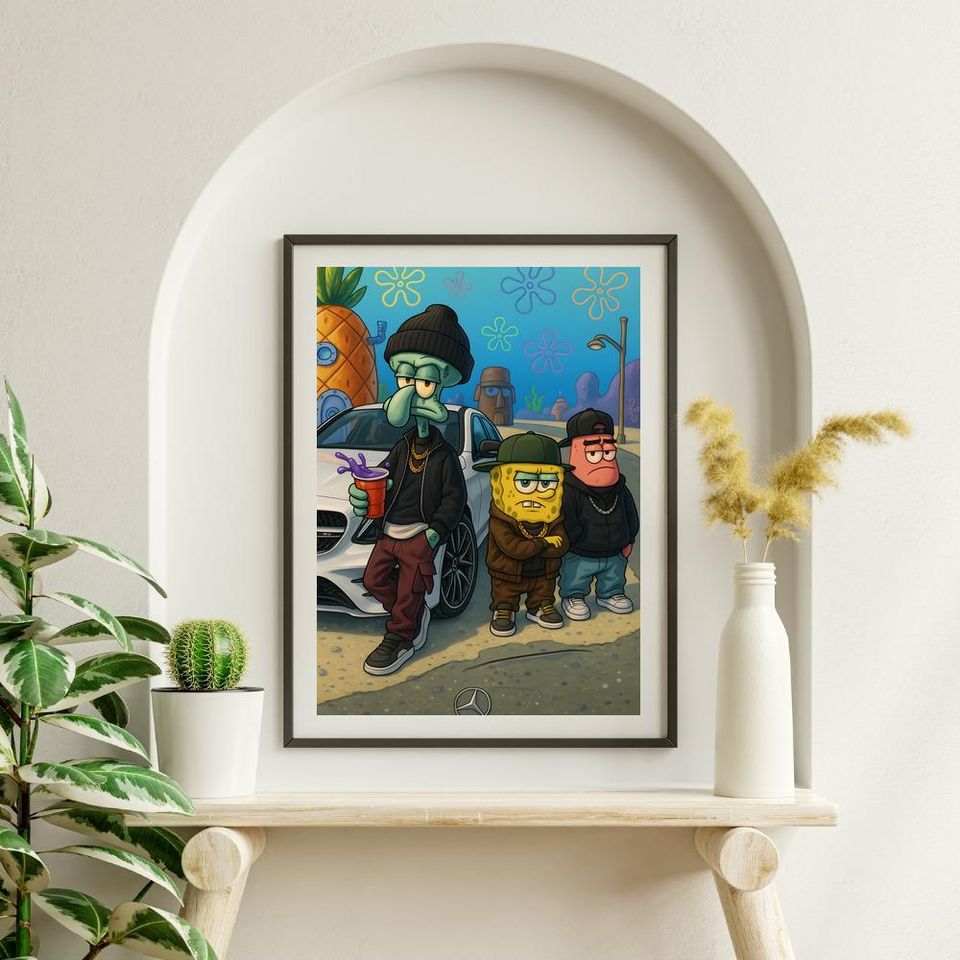 Streetwear SpongeBob Poster Wall Art with Squidward and Patrick, Bikini Bottom Urban Cartoon