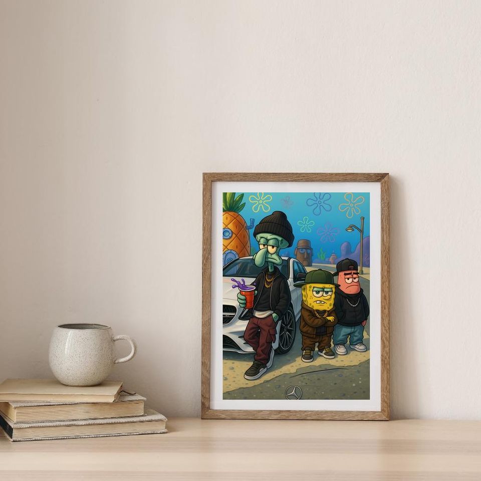 Streetwear SpongeBob Poster Wall Art with Squidward and Patrick, Bikini Bottom Urban Cartoon