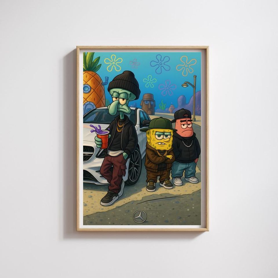 Streetwear SpongeBob Poster Wall Art with Squidward and Patrick, Bikini Bottom Urban Cartoon