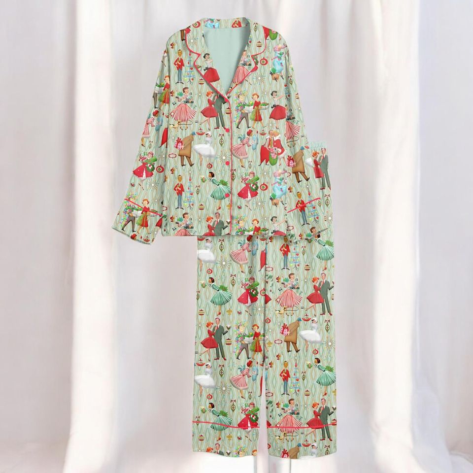 Womens Retro Christmas Silk Pajama Set, 1950s Vintage Holiday Print PJs