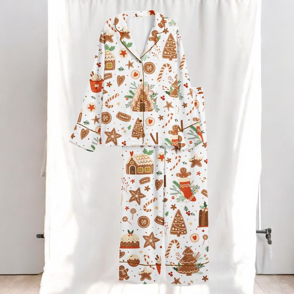 Womens Christmas Baking Pajama Set, Gingerbread Cookie Silk Sleepwear