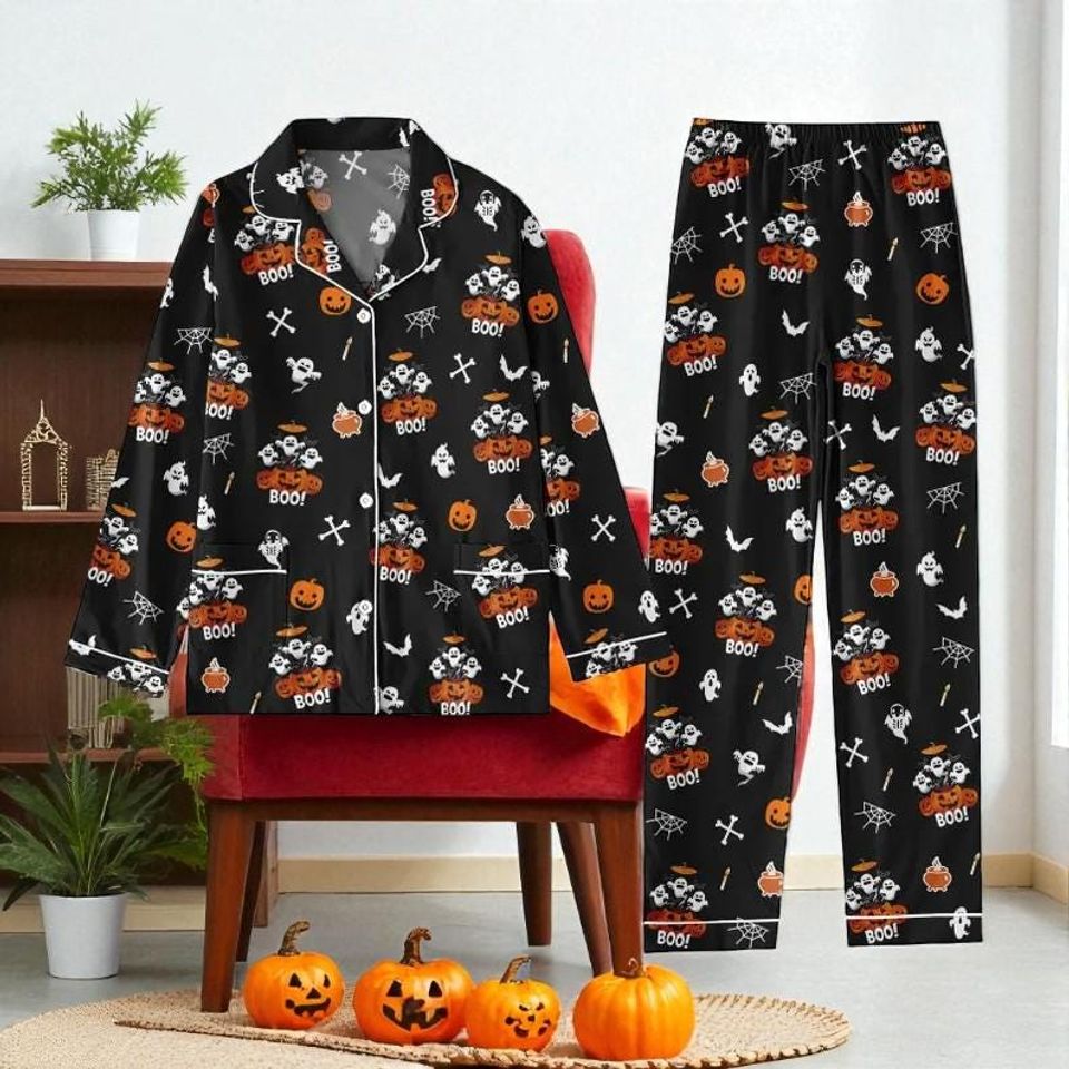 Halloween Ghost Pajama Set, Spooky Black Sleepwear
