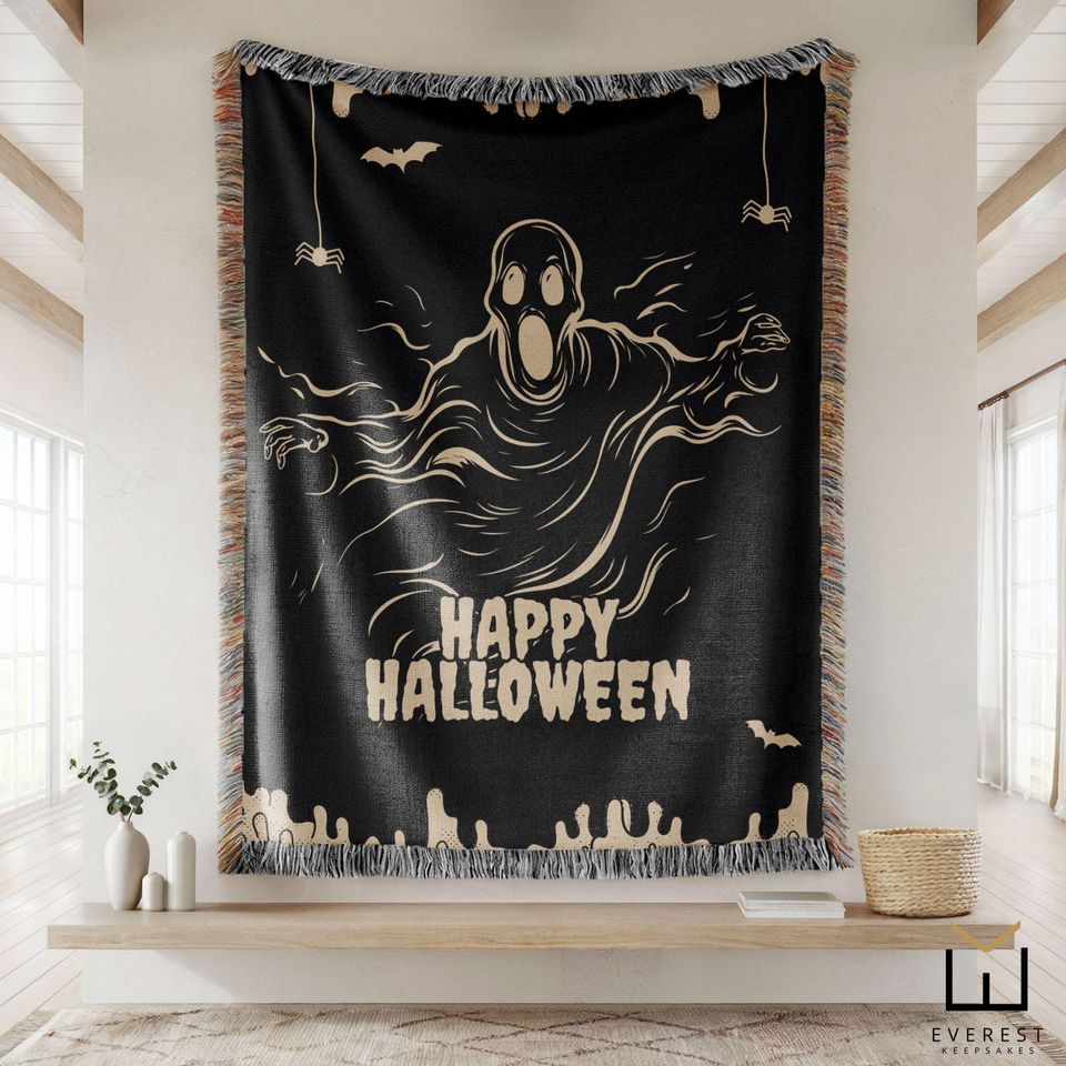 Halloween Woven Blanket: Custom Ghost Throw, Fall Decor