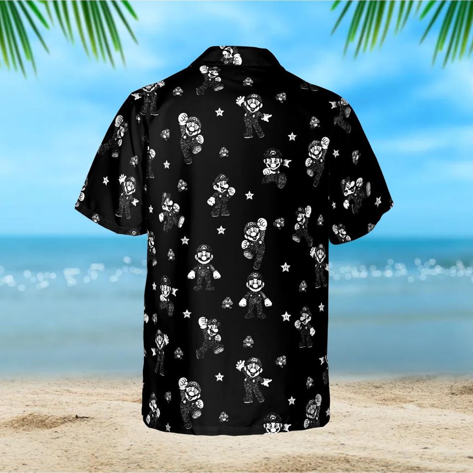 Mario Black Hawaiian Shirt, Super Mario Button Up, Beach Vacation Gift