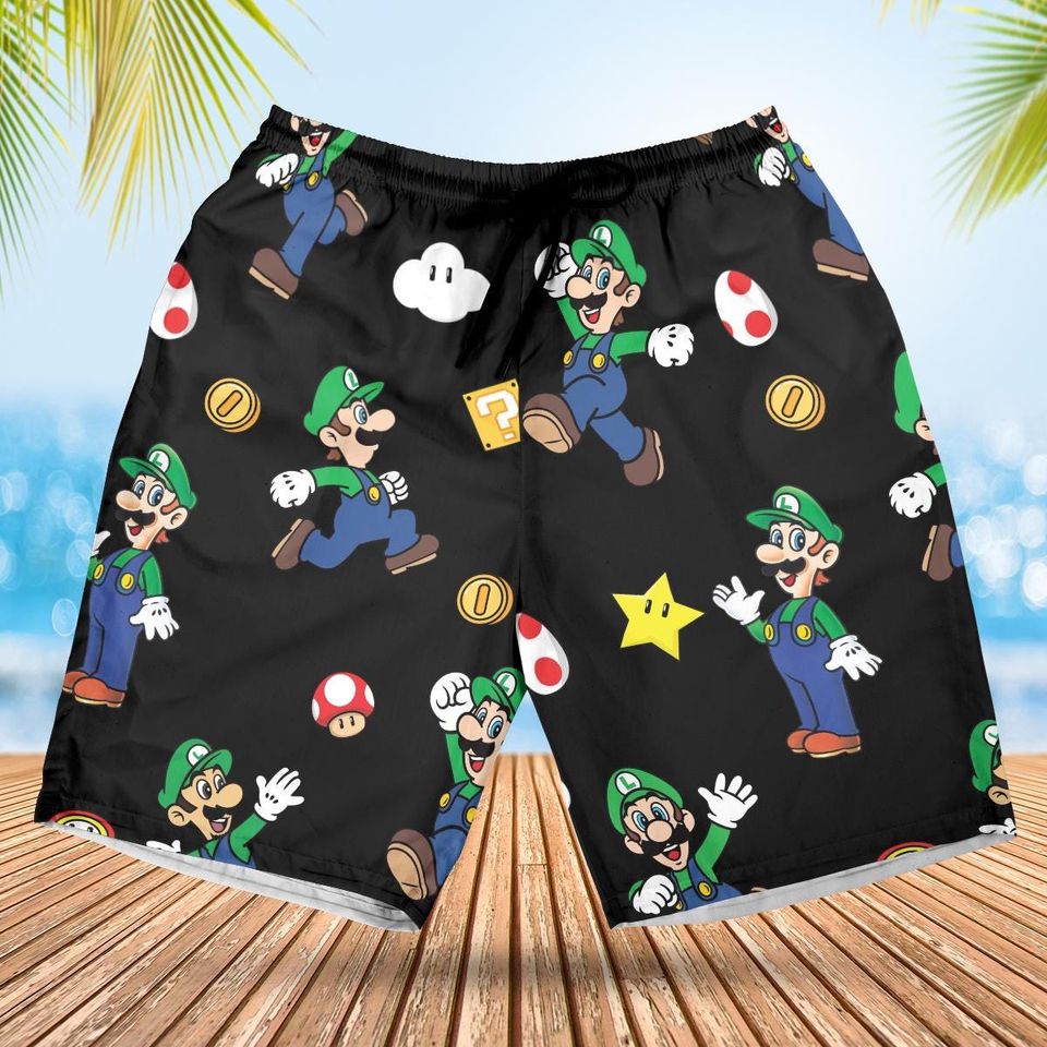 Luigi Black Hawaiian Shirt, Super Mario Character Shirt, Retro Mushroom Game Summer Outfit