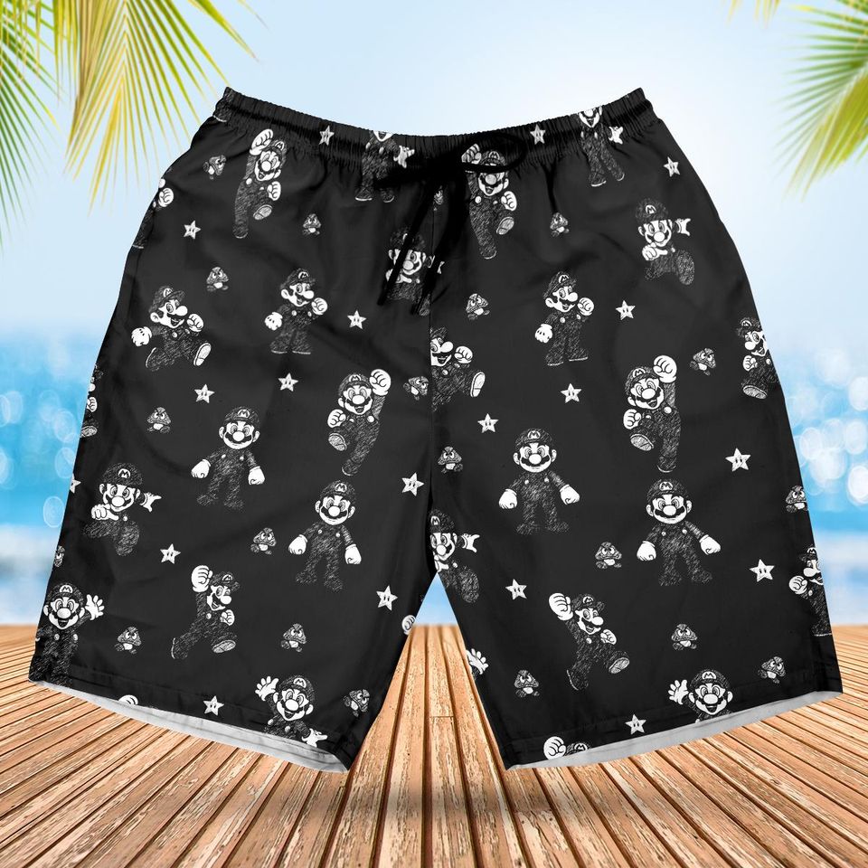 Mario Black Hawaiian Shirt, Super Mario Button Up, Beach Vacation Gift