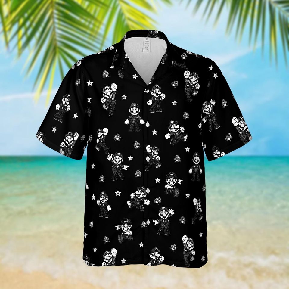 Mario Black Hawaiian Shirt, Super Mario Button Up, Beach Vacation Gift