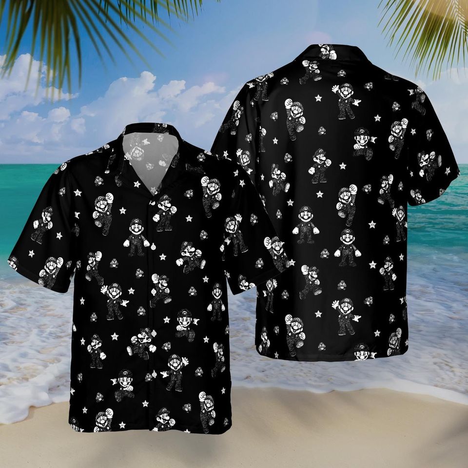 Mario Black Hawaiian Shirt, Super Mario Button Up, Beach Vacation Gift
