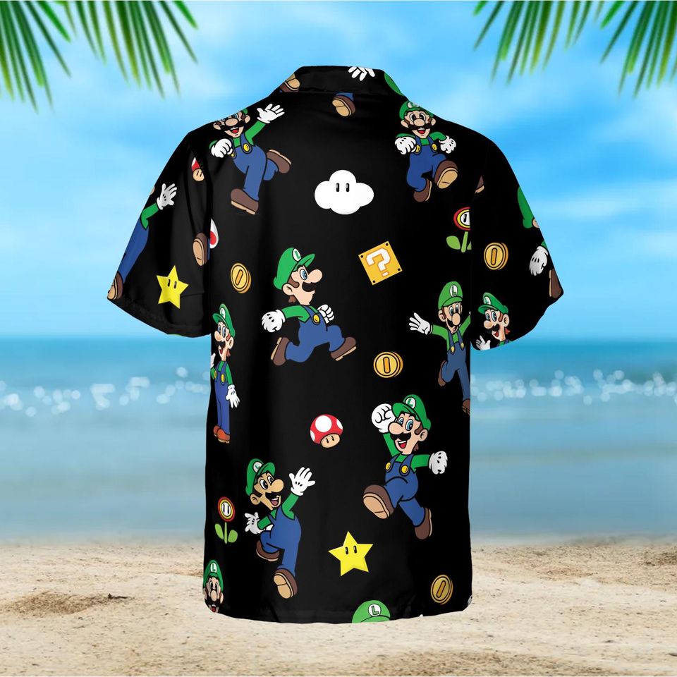 Luigi Black Hawaiian Shirt, Super Mario Character Shirt, Retro Mushroom Game Summer Outfit