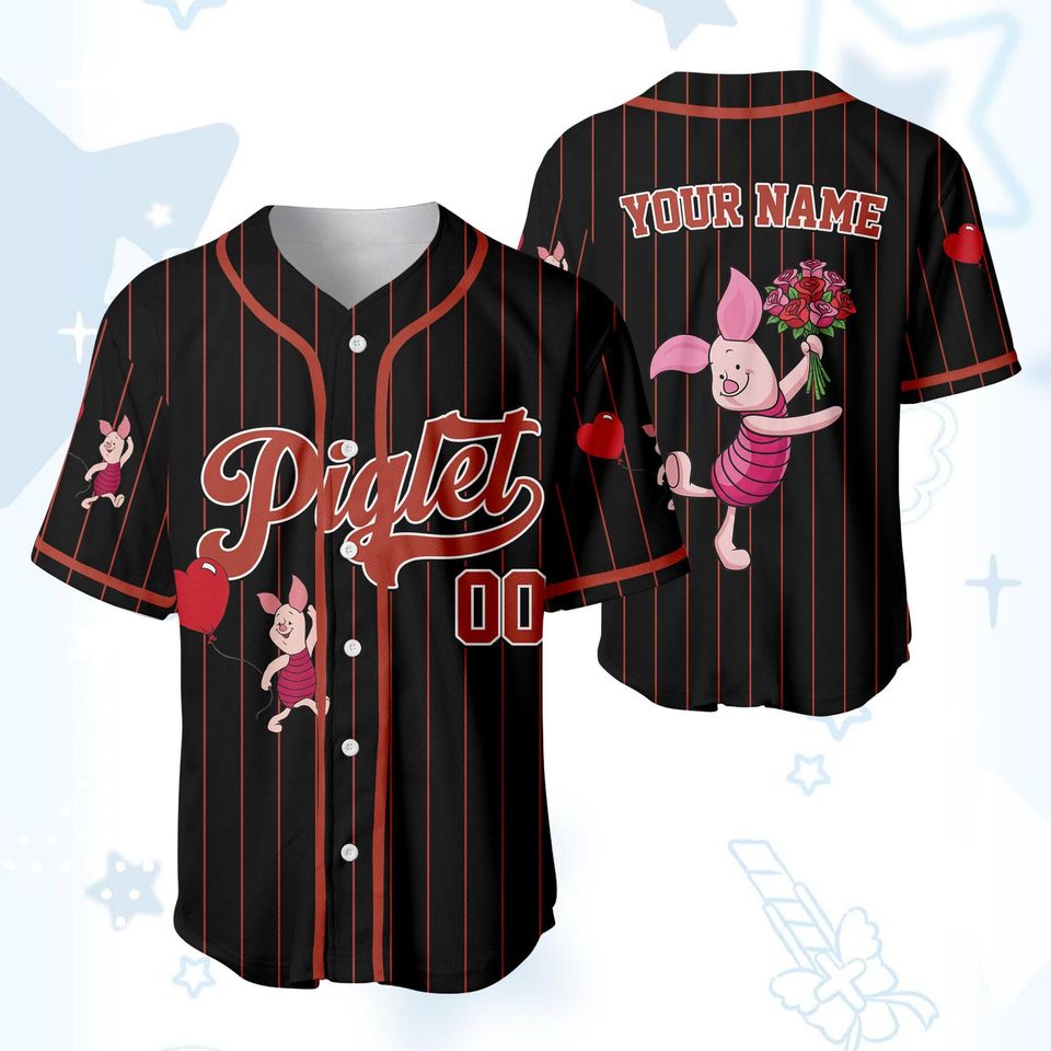 Custom Piglet Valentines Day Baseball Jersey, Personalized Winnie the Pooh Baseball Shirt