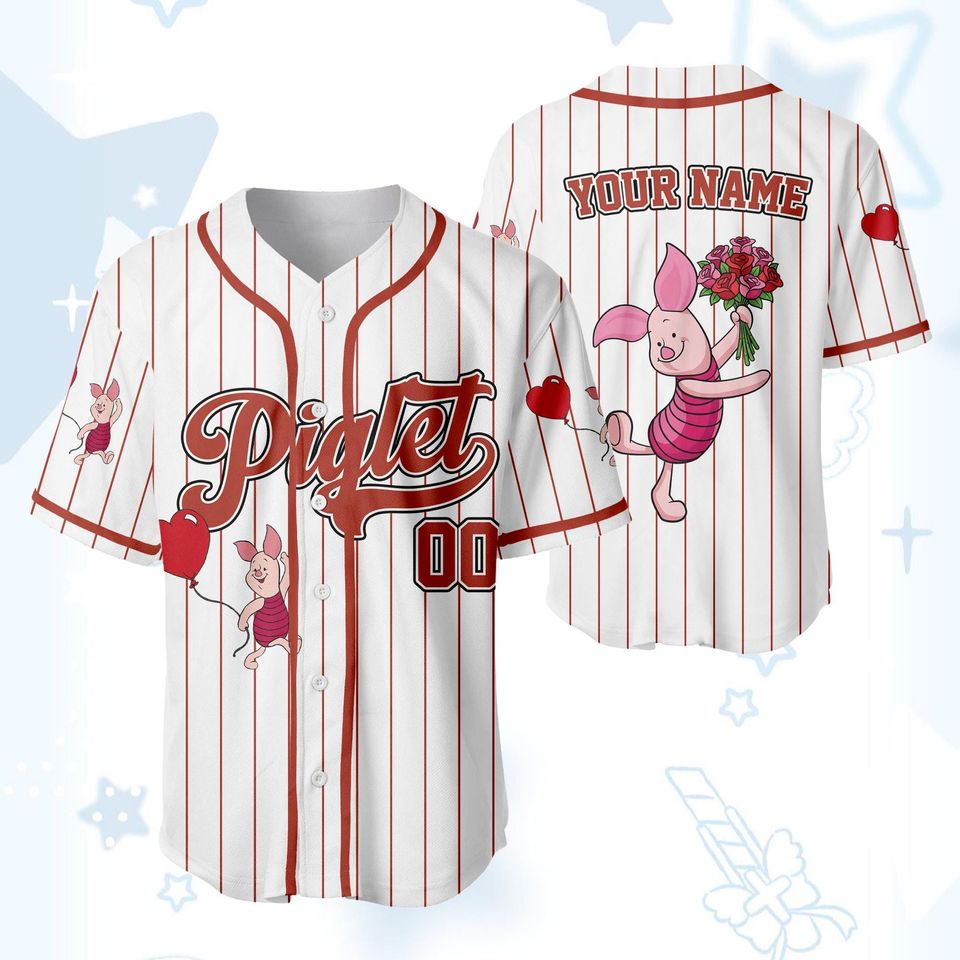 Custom Piglet Valentines Day Baseball Jersey, Personalized Winnie the Pooh Baseball Shirt