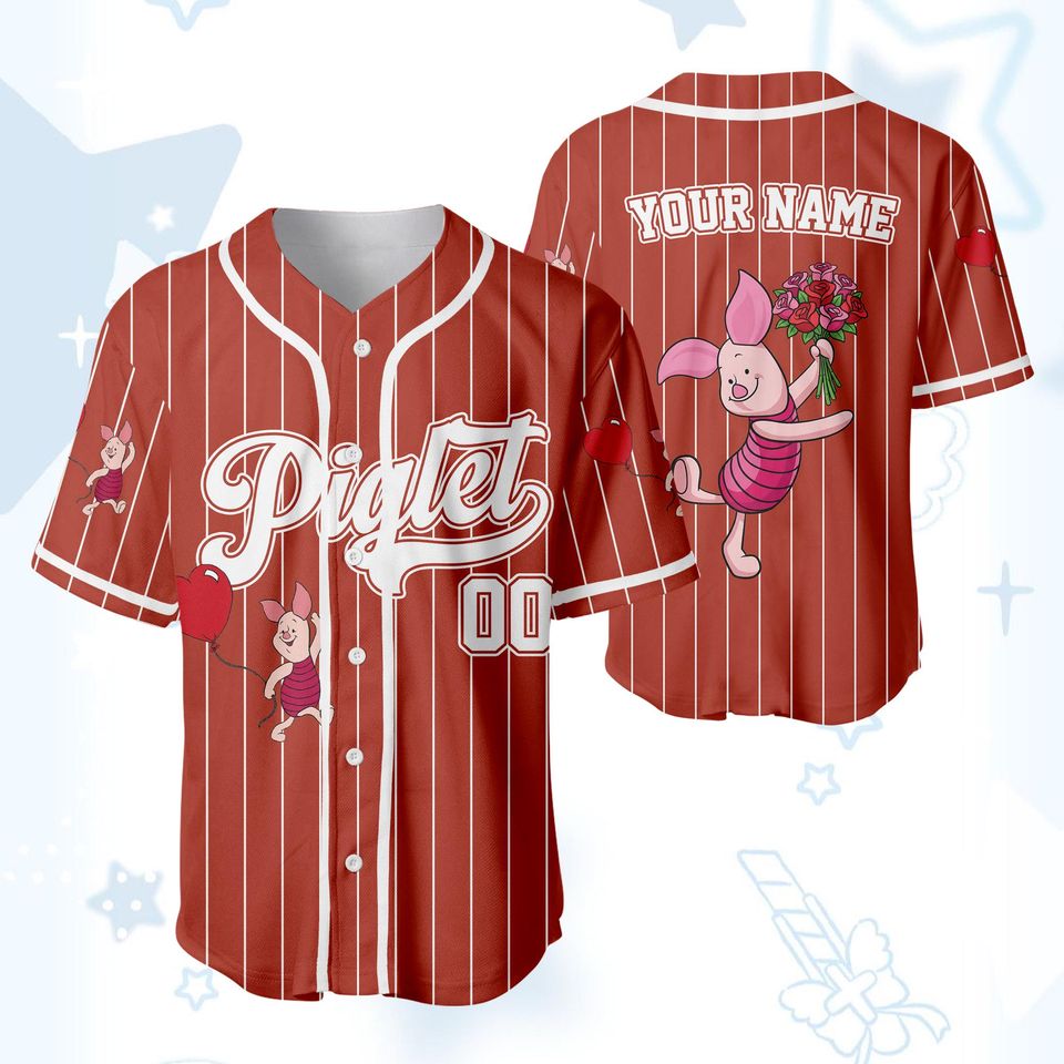 Custom Piglet Valentines Day Baseball Jersey, Personalized Winnie the Pooh Baseball Shirt