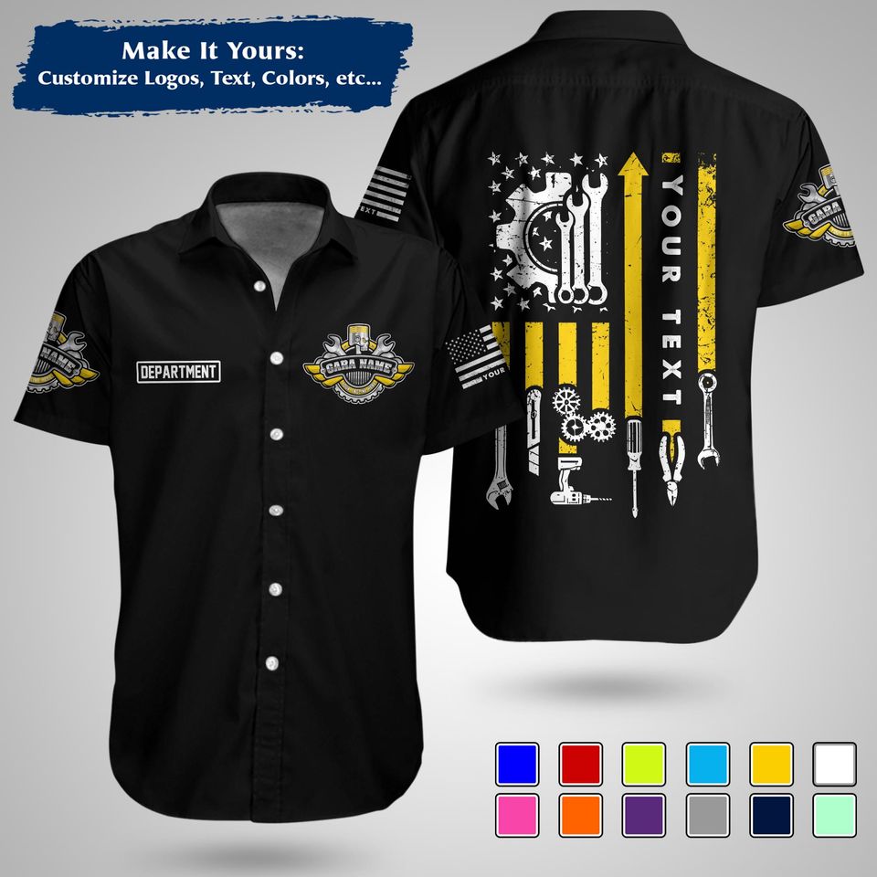 Custom US Mechanic Work Shirt  Personalized Uniform for Garage, Car Club & Racing Teams