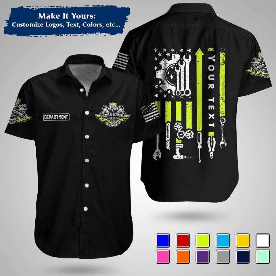 Custom US Mechanic Work Shirt  Personalized Uniform for Garage, Car Club & Racing Teams