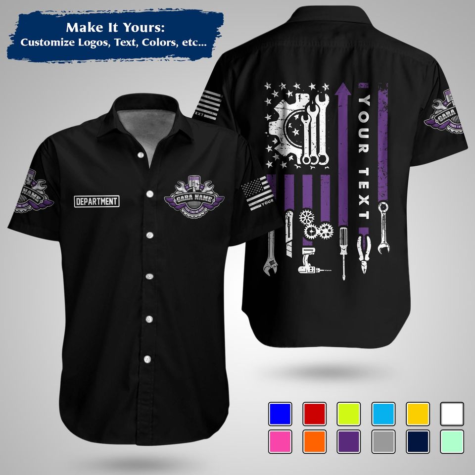 Custom US Mechanic Work Shirt  Personalized Uniform for Garage, Car Club & Racing Teams