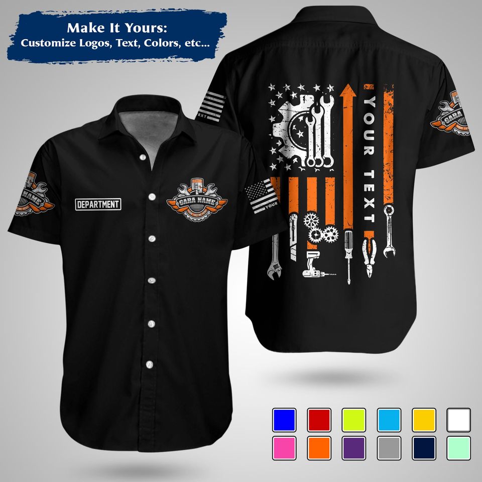 Custom US Mechanic Work Shirt  Personalized Uniform for Garage, Car Club & Racing Teams