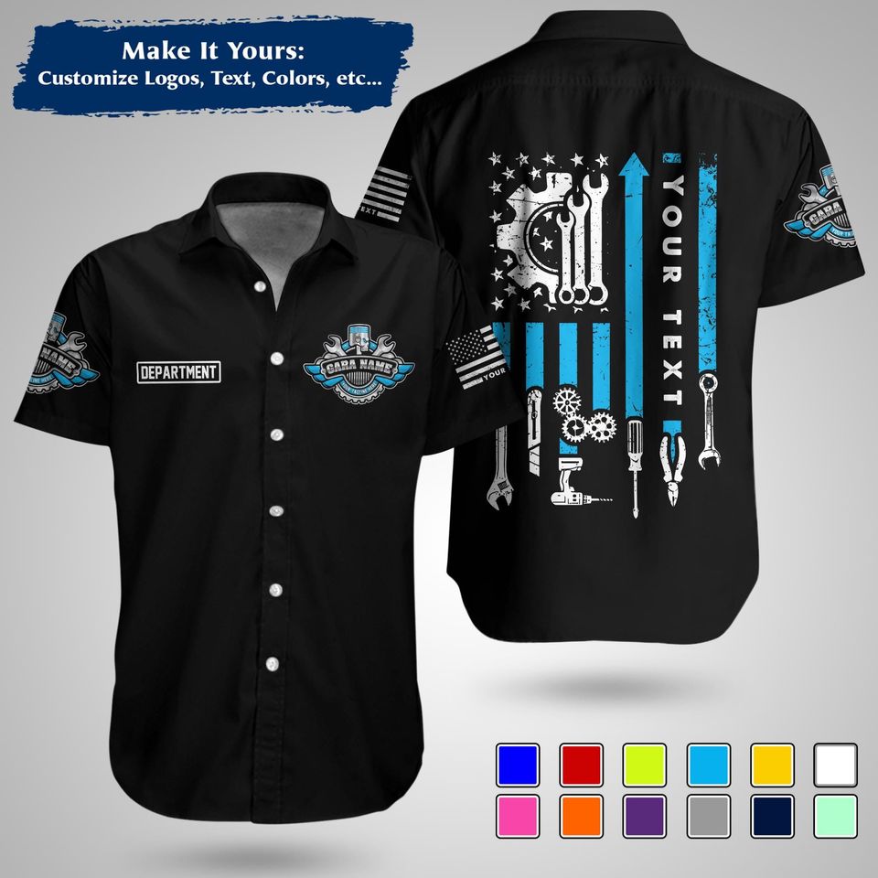 Custom US Mechanic Work Shirt  Personalized Uniform for Garage, Car Club & Racing Teams
