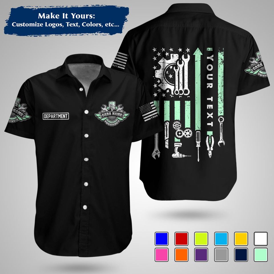 Custom US Mechanic Work Shirt  Personalized Uniform for Garage, Car Club & Racing Teams