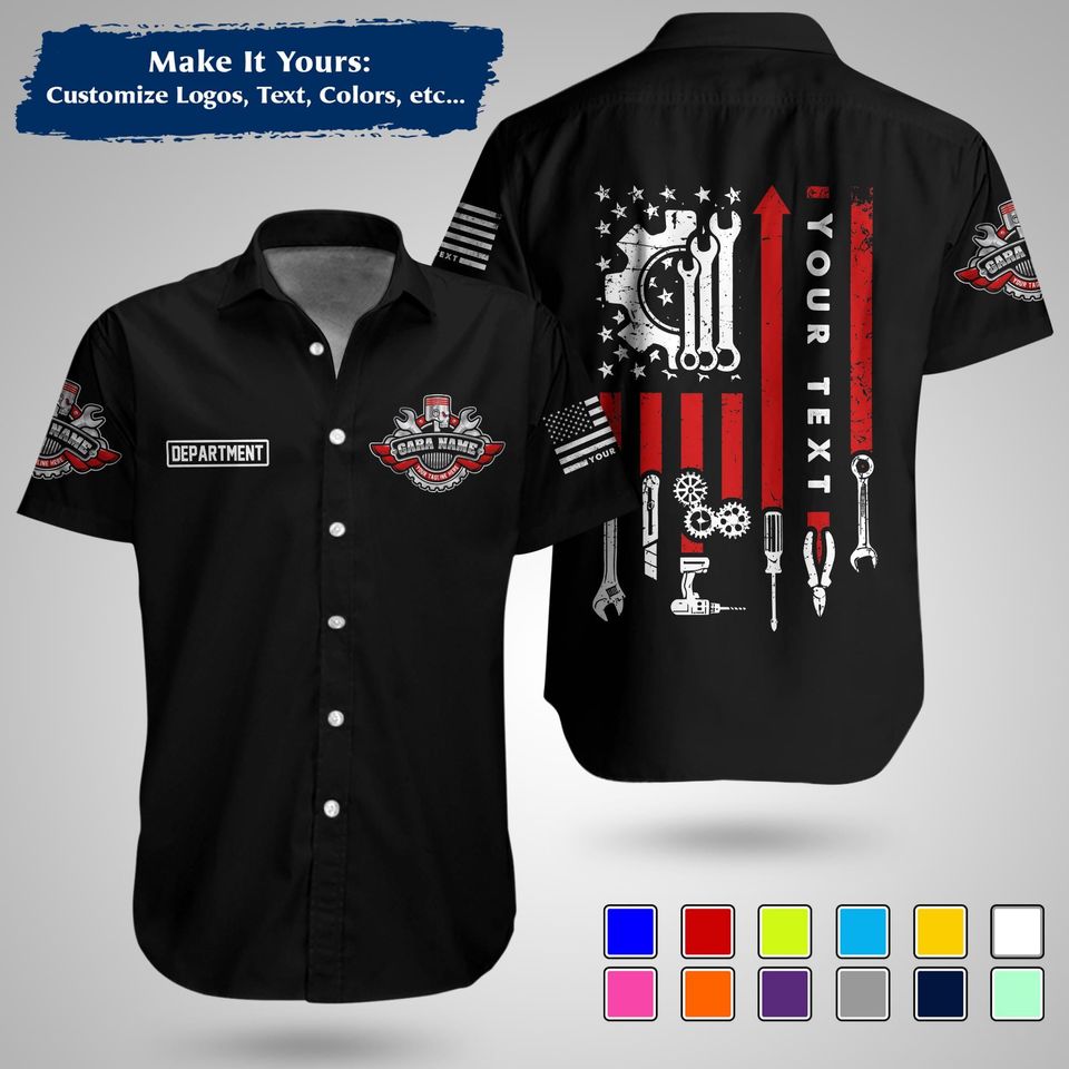 Custom US Mechanic Work Shirt  Personalized Uniform for Garage, Car Club & Racing Teams