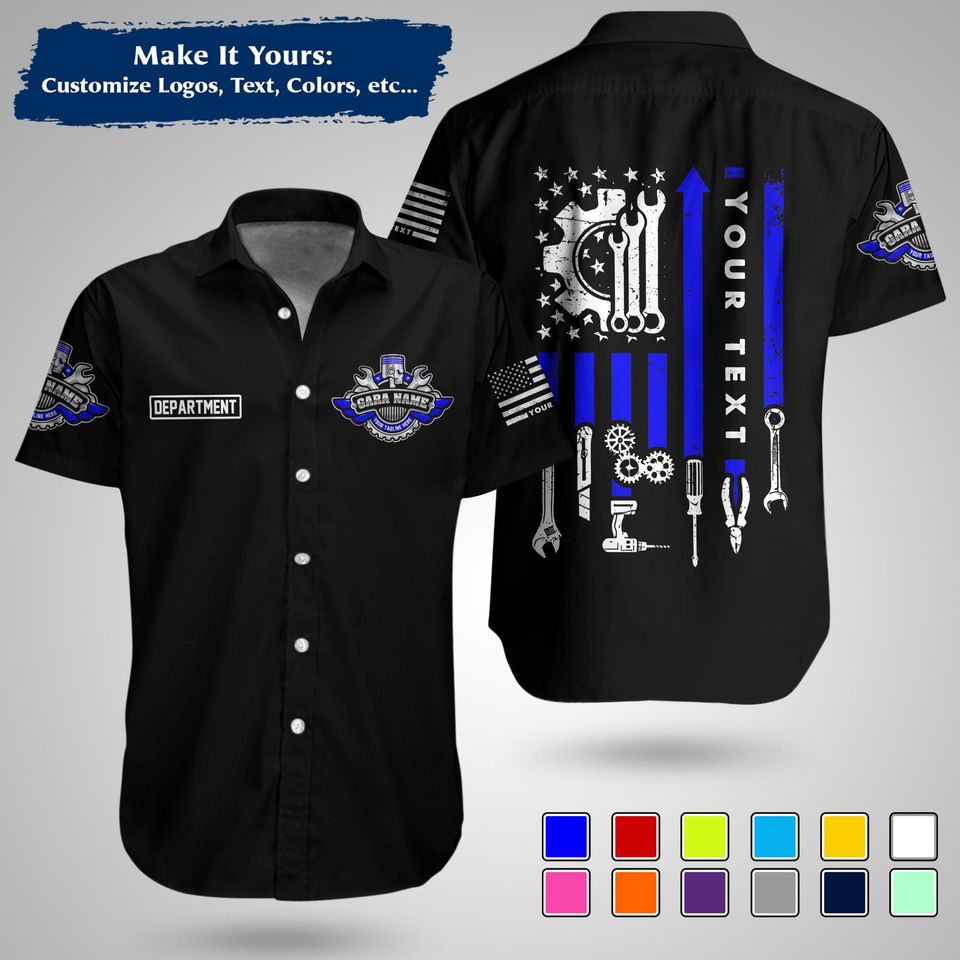 Custom US Mechanic Work Shirt  Personalized Uniform for Garage, Car Club & Racing Teams