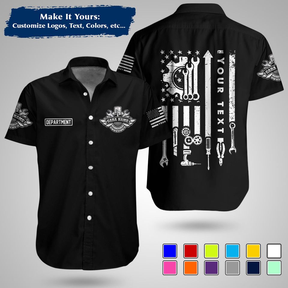 Custom US Mechanic Work Shirt  Personalized Uniform for Garage, Car Club & Racing Teams