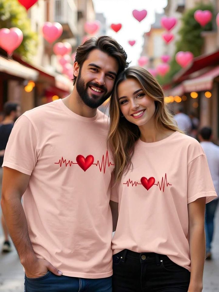 Matching Heartbeat Couple Shirts, Valentine Anniversary Tees