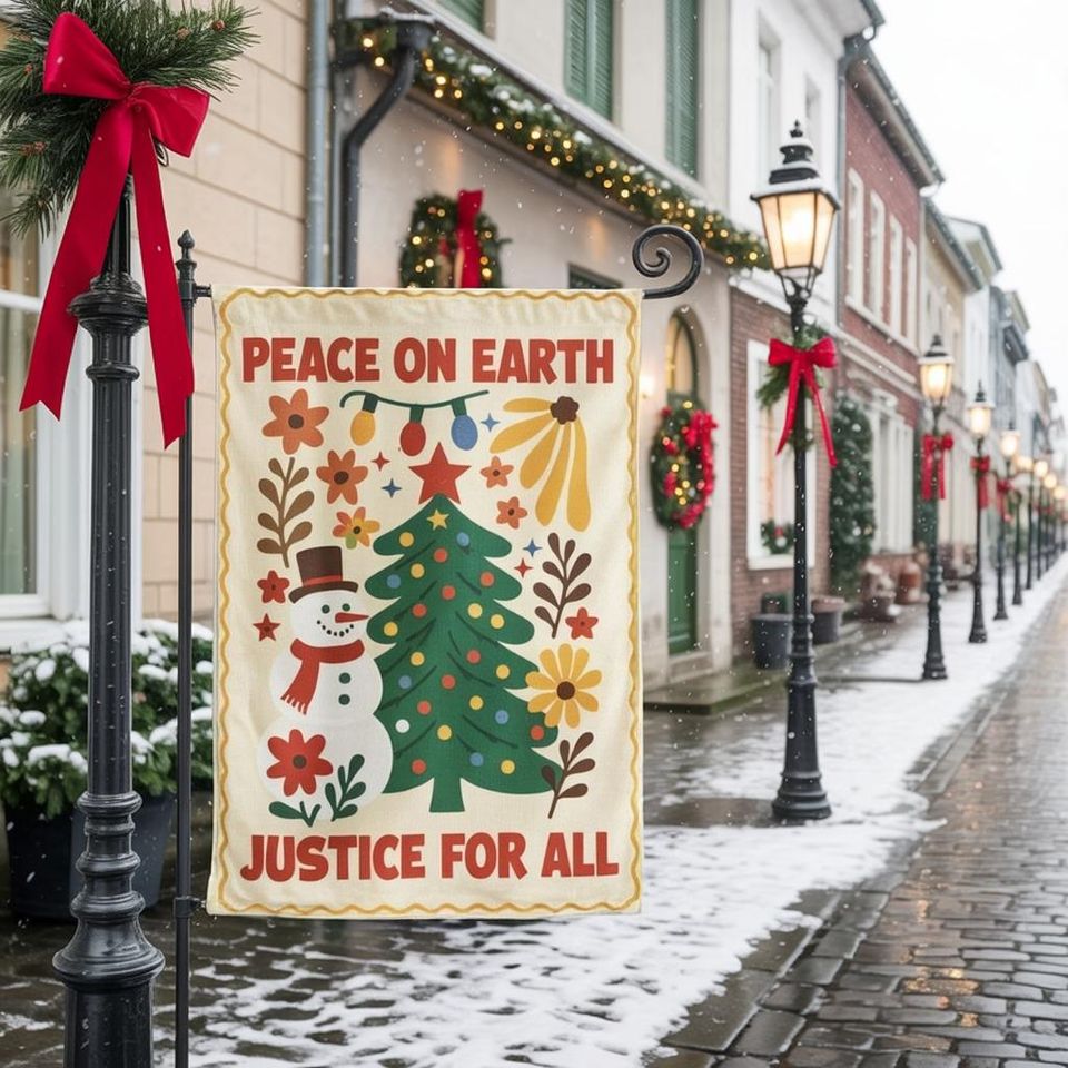 Peace On Earth Justice For All Christmas Garden Flag  Winter Holiday Outdoor Decor with Snowman Tree Lights and Floral Design