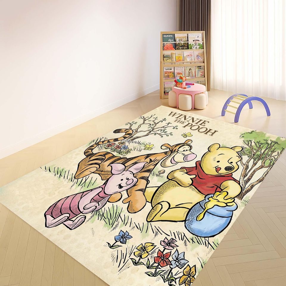 Winnie the Pooh Friends Patterned Rug, Cartoon Bear Themed Children's Room Rug, Soft Washable Decorative Rug