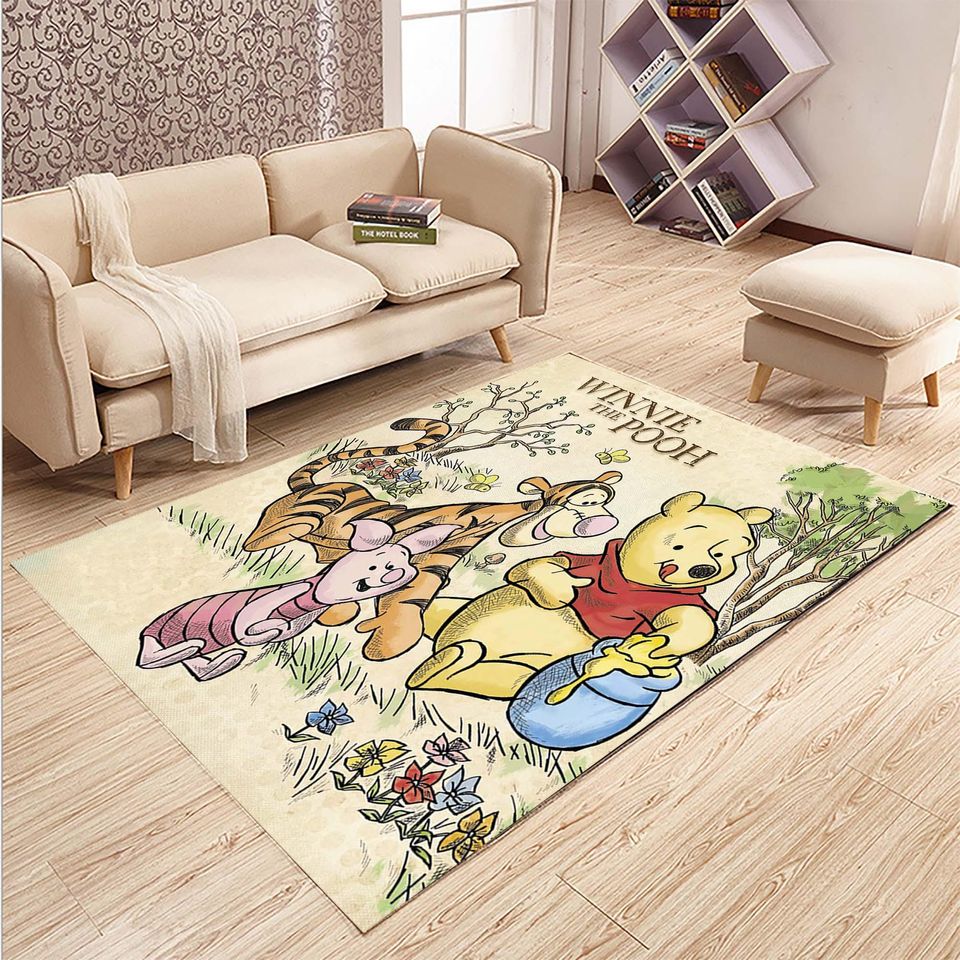 Winnie the Pooh Friends Patterned Rug, Cartoon Bear Themed Children's Room Rug, Soft Washable Decorative Rug