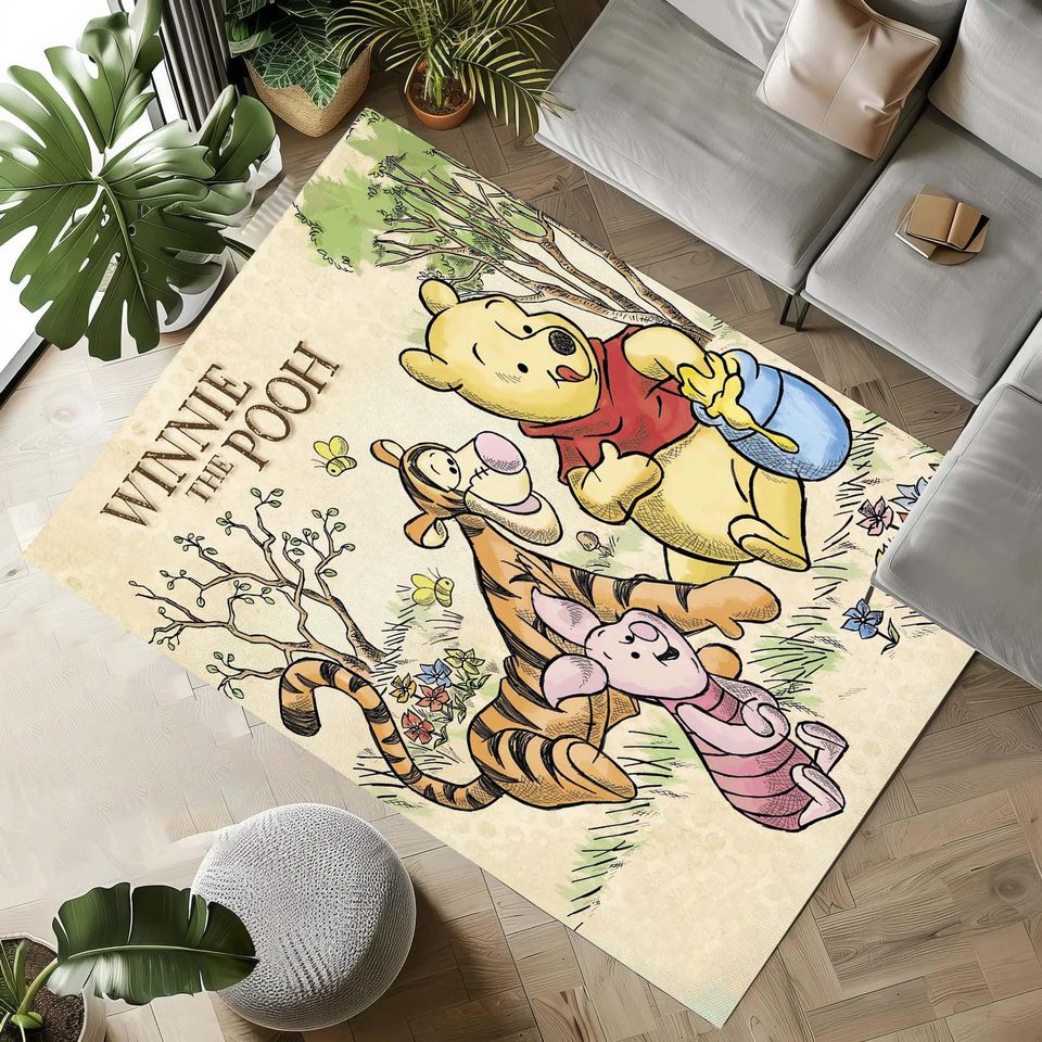 Winnie the Pooh Friends Patterned Rug, Cartoon Bear Themed Children's Room Rug, Soft Washable Decorative Rug
