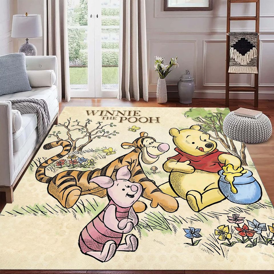Winnie the Pooh Friends Patterned Rug, Cartoon Bear Themed Children's Room Rug, Soft Washable Decorative Rug