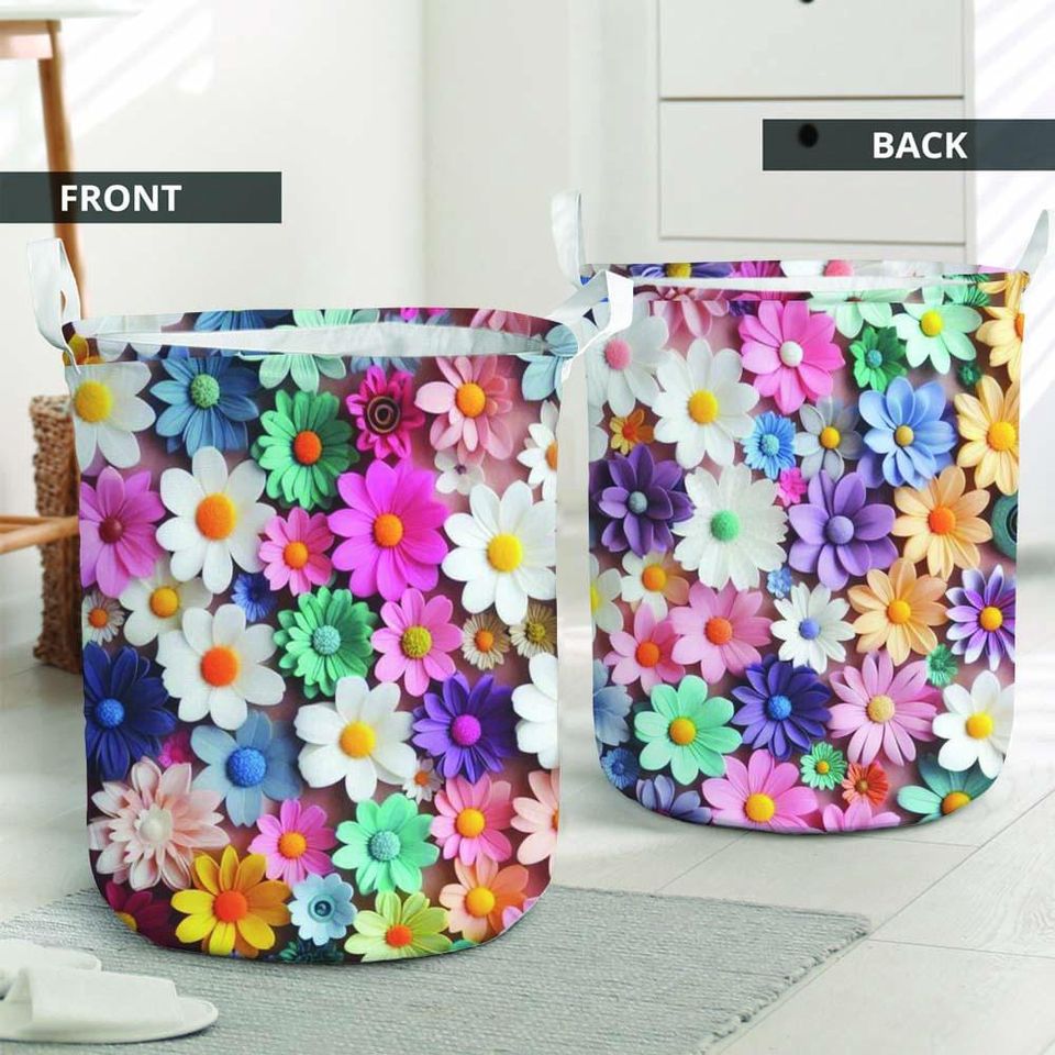 Colorful Floral Laundry Basket, Bright Flower Pattern Hamper, Boho Decorative Storage Basket for Bathroom Bedroom Laundry Room