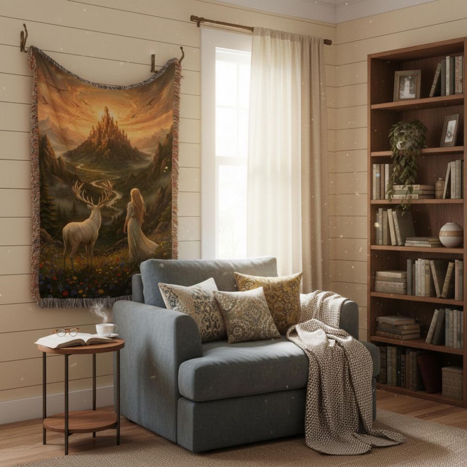 Fantasy Woven Blanket: A Golden Haired Queen & White Stag, Enchanted Forest and Castle