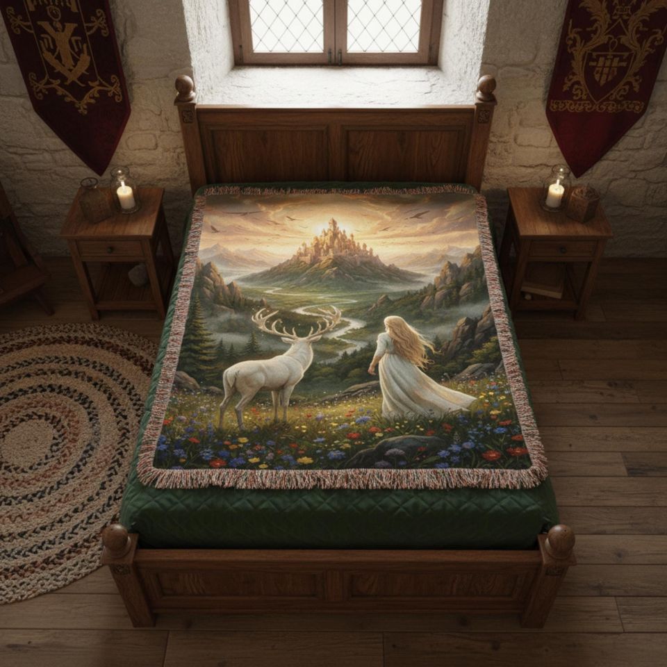 Fantasy Woven Blanket: A Golden Haired Queen & White Stag, Enchanted Forest and Castle