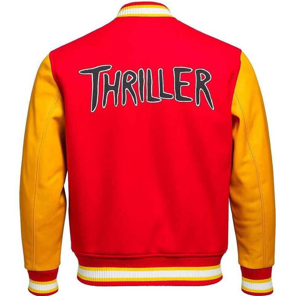 Classic 80s MJ Thriller Varsity Jacket  Red Wool & Yellow Leather Look