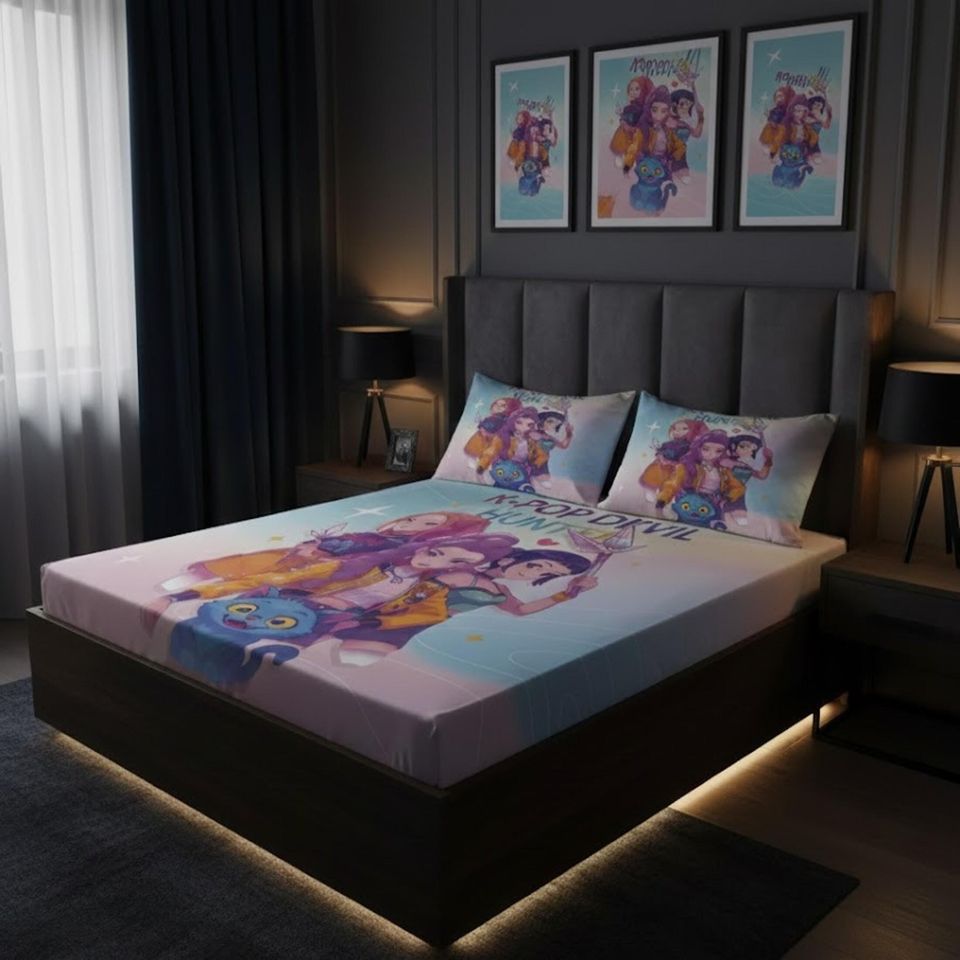 Demon Hunters K-Pop Anime Cartoon Bed Sheet Set, Soft Bedding for Bedroom