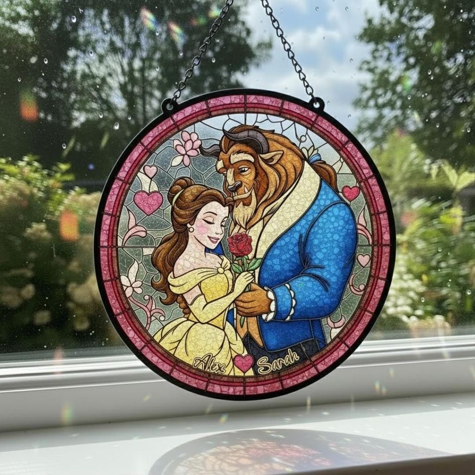 Personalized Beauty and The Beast Stained Glass Suncatcher, Belle Princess Window Hanging, Custom Disney Couple Suncatcher, Valenine Gift