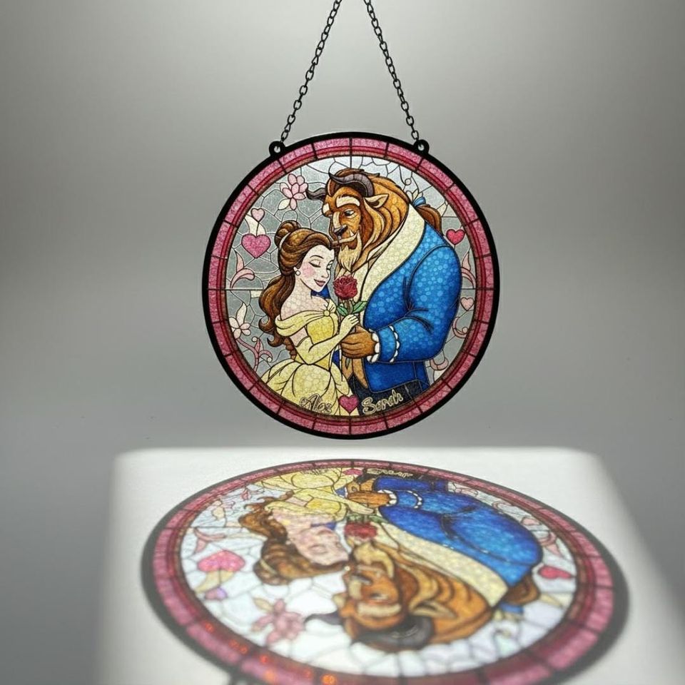 Personalized Beauty and The Beast Stained Glass Suncatcher, Belle Princess Window Hanging, Custom Disney Couple Suncatcher, Valenine Gift