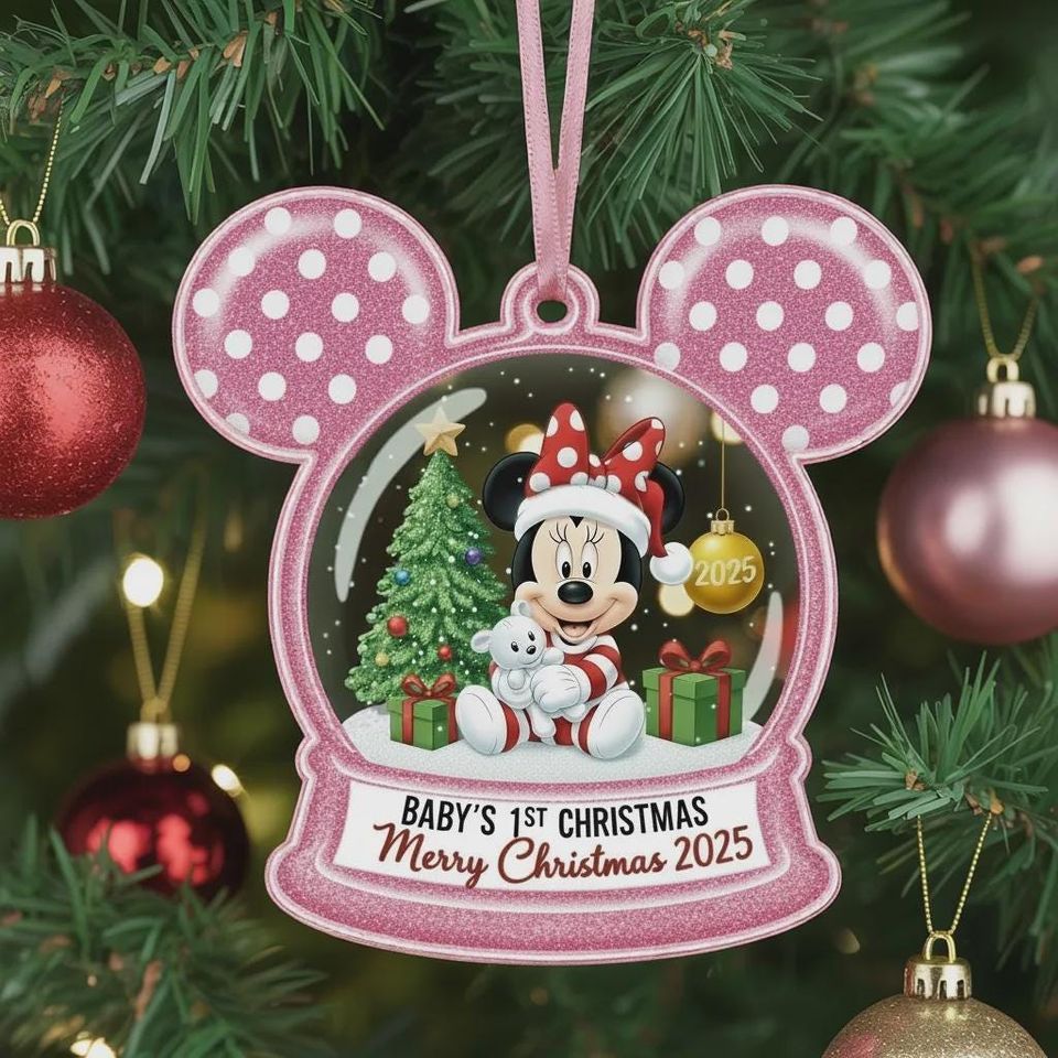Personalized Disney Minnie Flat Ornament, Custom Mickey Ears Shape Ornament, Disney Merry Christmas Gift, Minnie Snow Globe Xmas Keepsake