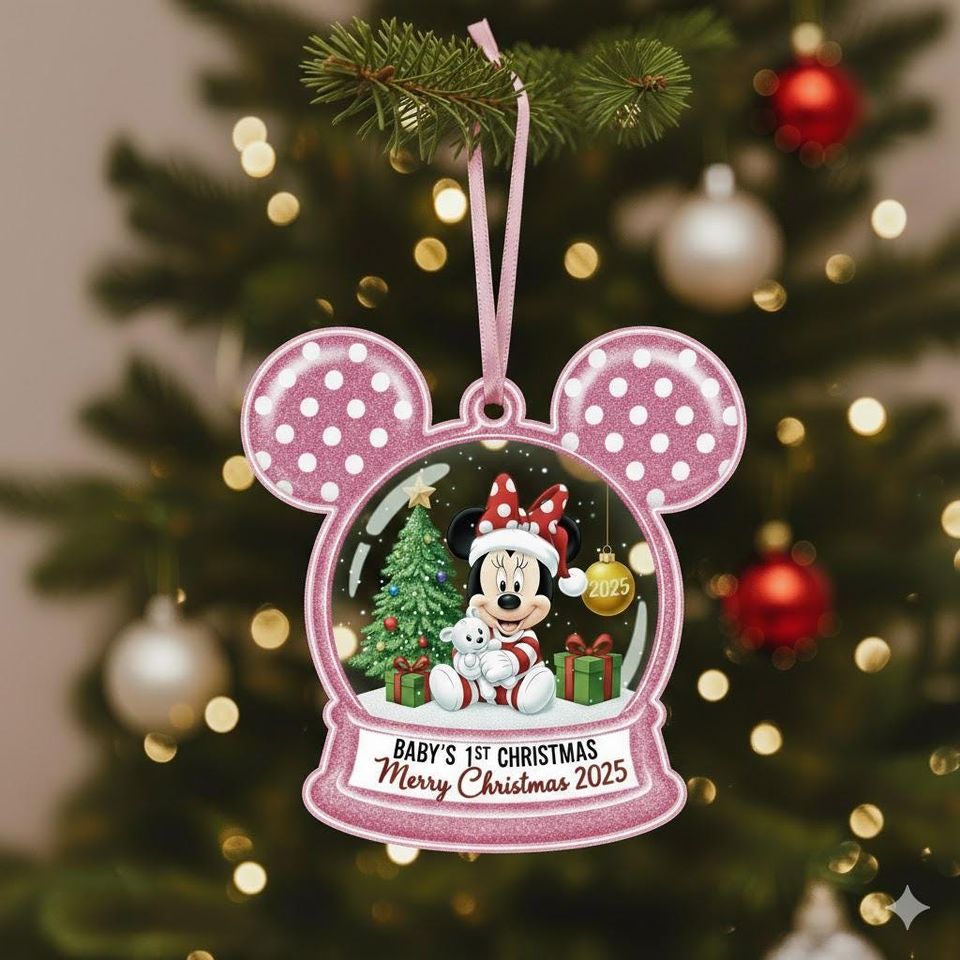 Personalized Disney Minnie Flat Ornament, Custom Mickey Ears Shape Ornament, Disney Merry Christmas Gift, Minnie Snow Globe Xmas Keepsake
