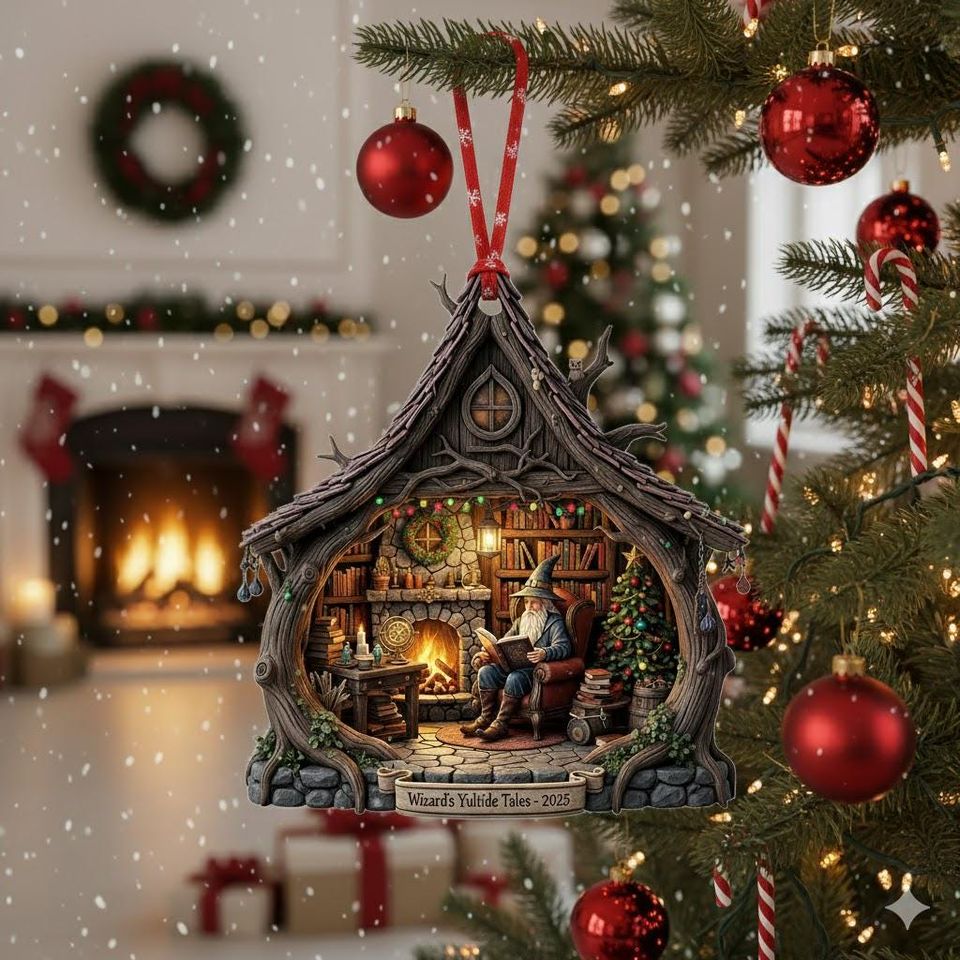 Wizard's Cabin Christmas Acrylic Ornament: Fantasy Bookshelf Decor