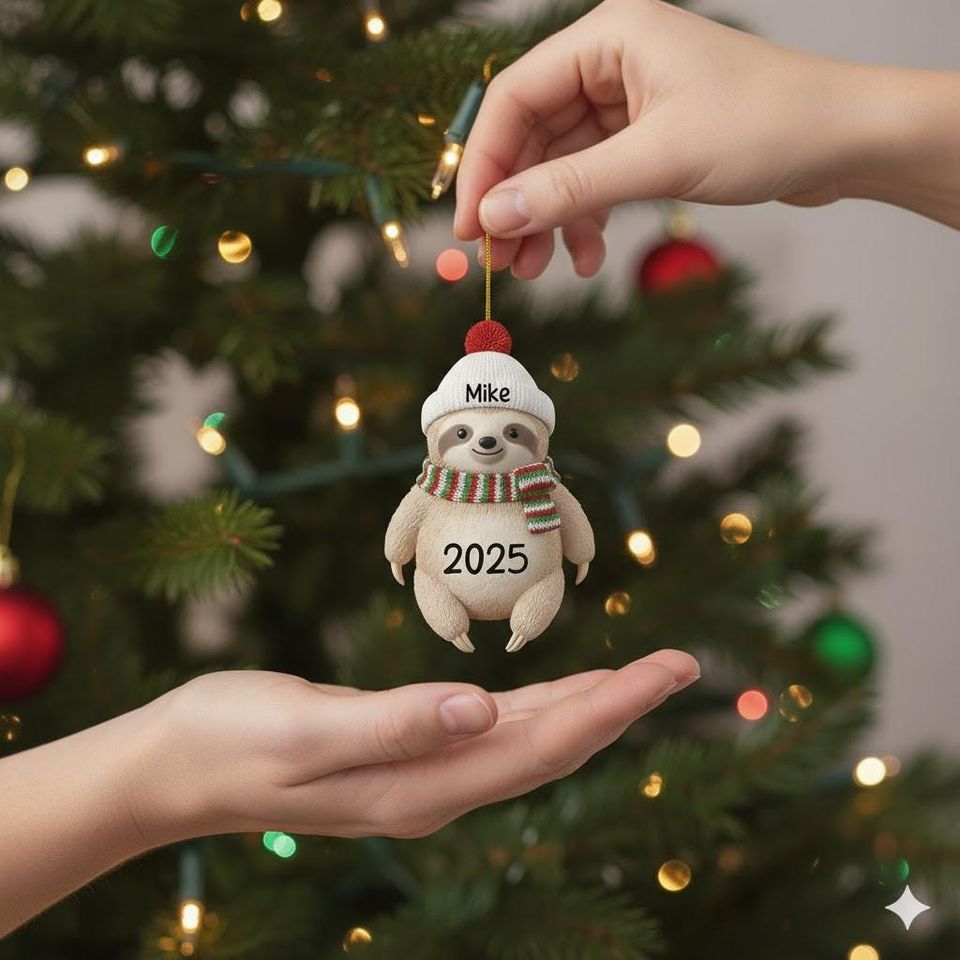 Christmas Sloth Ornament, Cute Animal Lover Gift, Jolly Sloth Keepsake