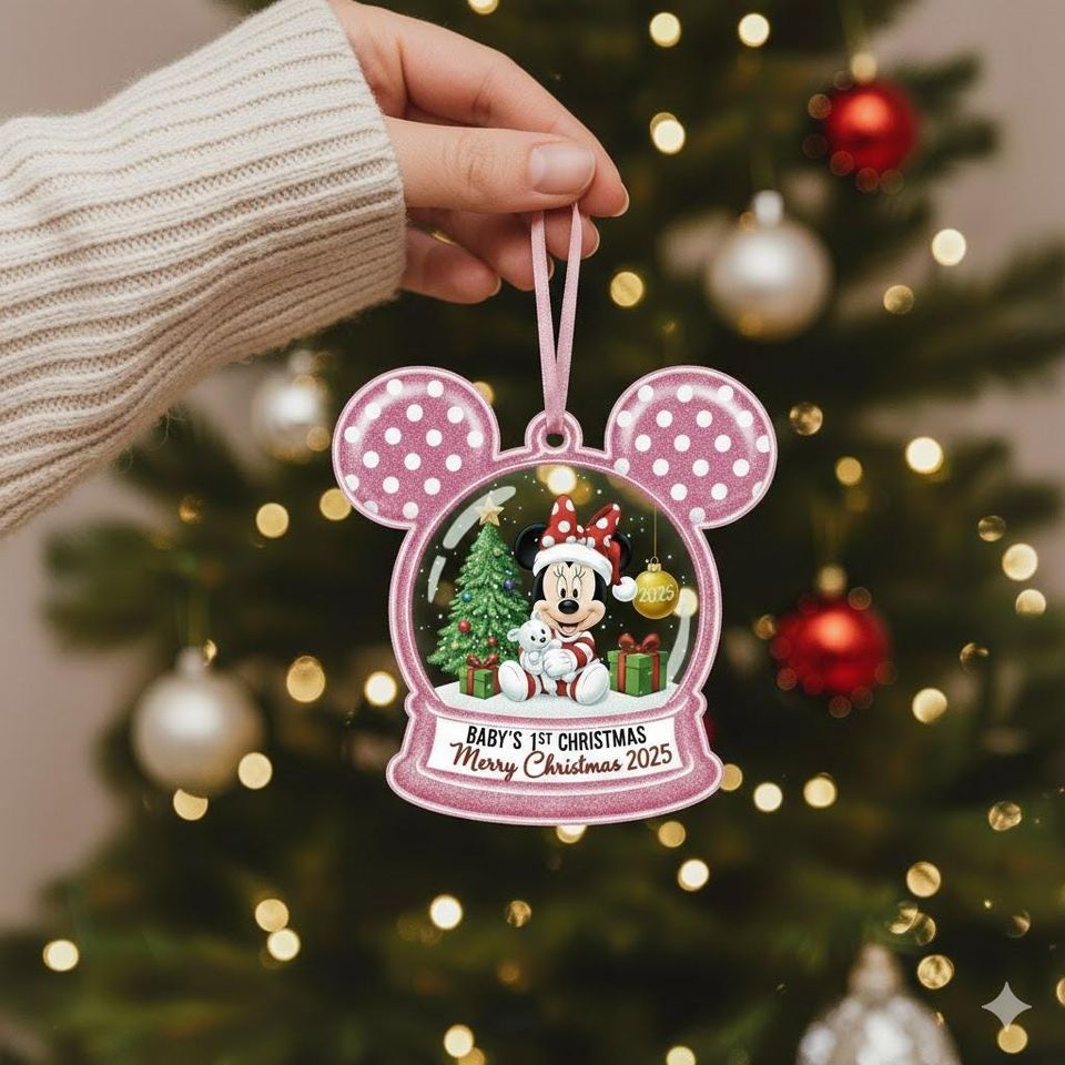 Personalized Disney Minnie Flat Ornament, Custom Mickey Ears Shape Ornament, Disney Merry Christmas Gift, Minnie Snow Globe Xmas Keepsake