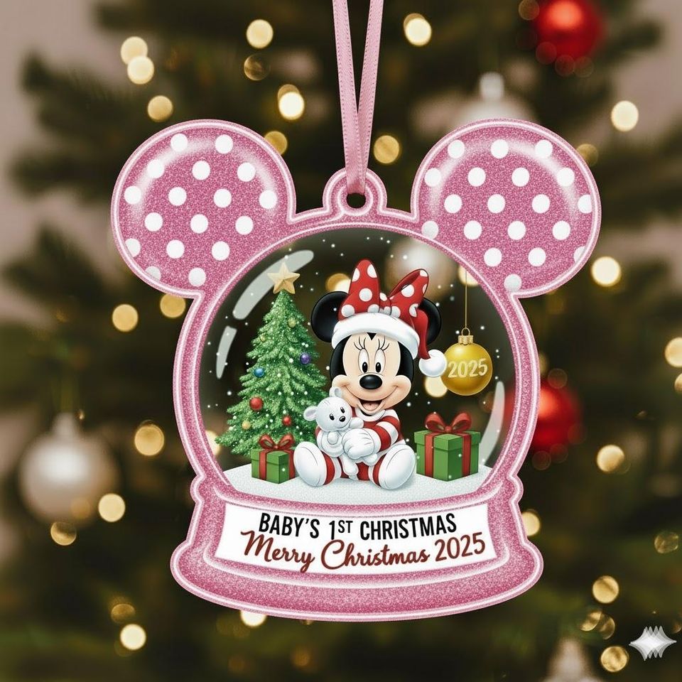 Personalized Disney Minnie Flat Ornament, Custom Mickey Ears Shape Ornament, Disney Merry Christmas Gift, Minnie Snow Globe Xmas Keepsake