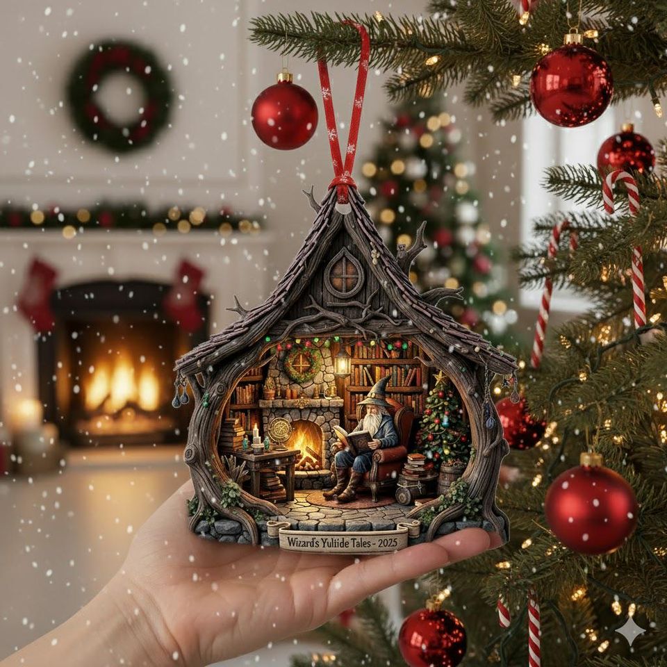 Wizard's Cabin Christmas Acrylic Ornament: Fantasy Bookshelf Decor