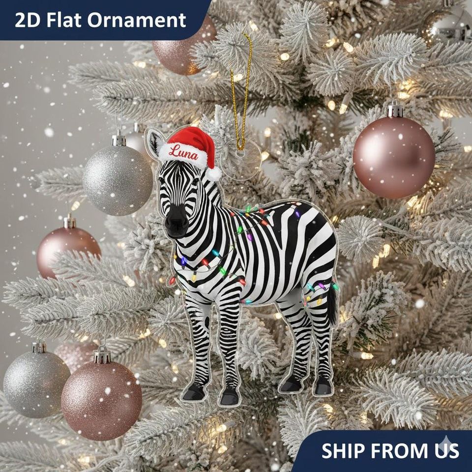 Personalized Name Zebra Santa Christmas Acrylic Ornament: Custom Animal Acrylic Christmas Keepsake
