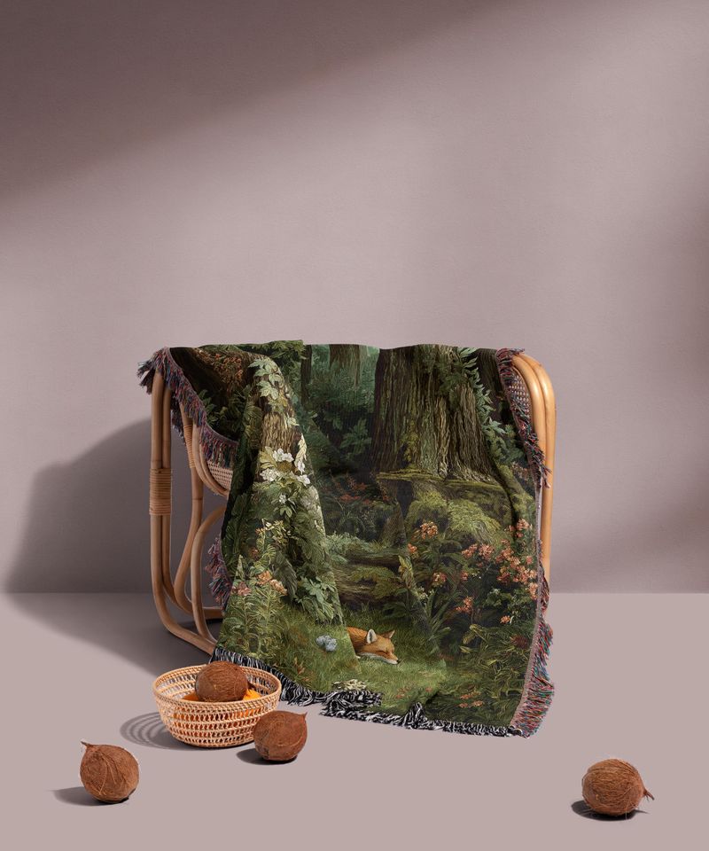 Sleeping Fox Woven Blanket: Cottagecore Forest Tapestry, Rustic Wall Decor