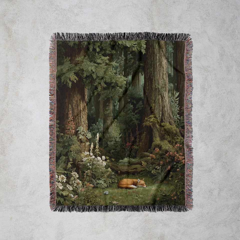 Sleeping Fox Woven Blanket: Cottagecore Forest Tapestry, Rustic Wall Decor