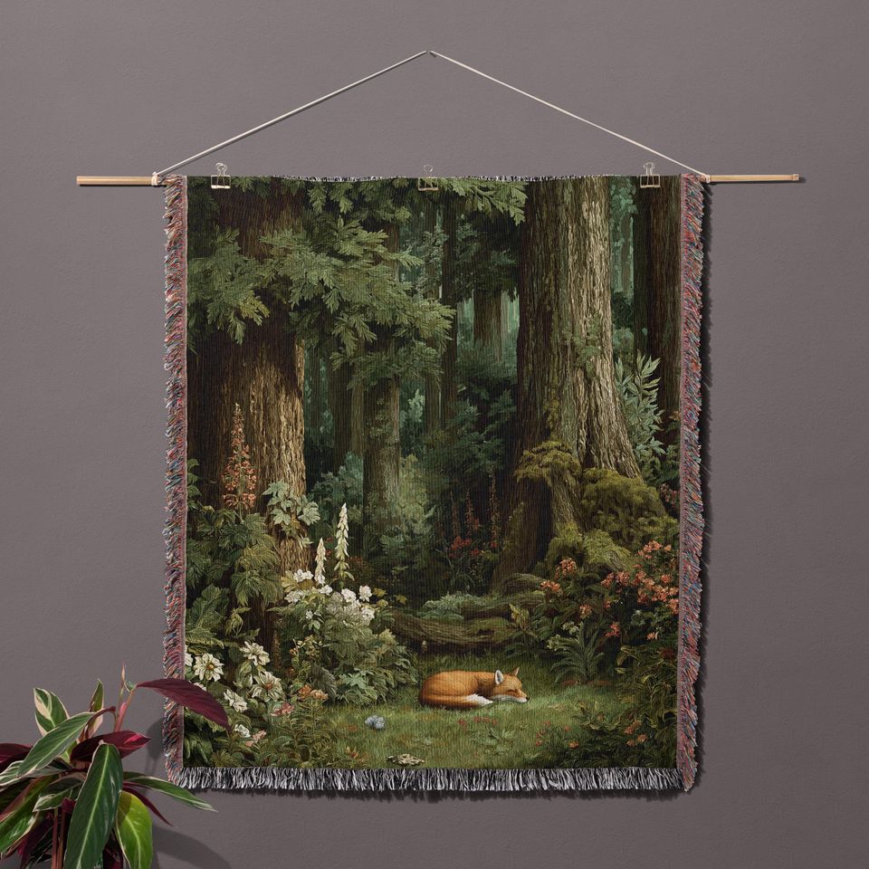 Sleeping Fox Woven Blanket: Cottagecore Forest Tapestry, Rustic Wall Decor