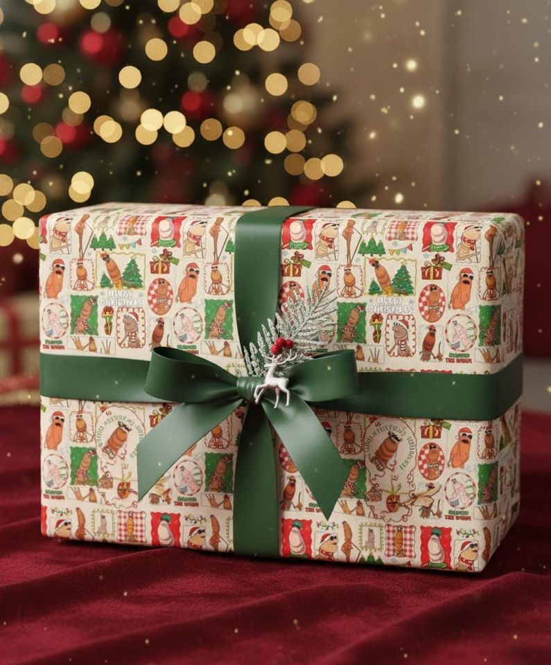 Marcus The Worm Christmas Wrapping Paper, Funny Gift Wrap